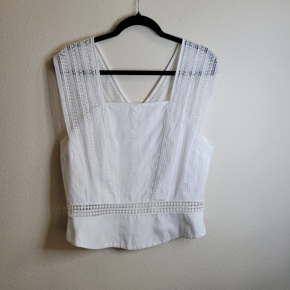 Rebecca Minkoff Women's Gina Lace Peplum Top Crochet Linen Blend Ladies XL